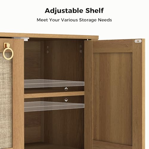 LubanNese 55" Rattan Sofa Console Table, Boho Wood Entryway Storage Cabinet with 4 Doors & Adjustable Shelf, Multifunctional Coffee Bar Sideboard Buffet for Kitchen, Dining Room, Living Room LubanNese