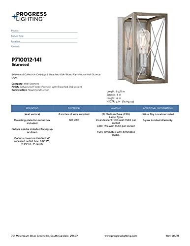 Progress Lighting 1-Light Farmhouse Wall Sconce Light Bleached Oak Wood, Briarwood Collection, Indoor, P710012-141, Galvanized Finish Progress Lighting