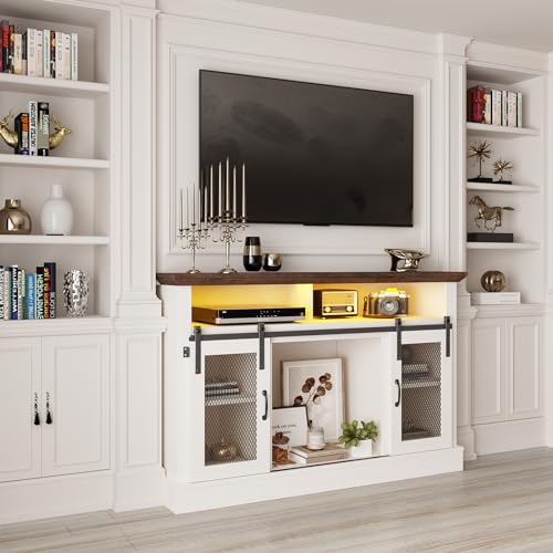 Farmhouse TV Stand for TVs Up to 55 Inches, Entertainment Center with LED Lights, Modern Media Console Table with Sliding Barn Door, White - WoodArtSupply