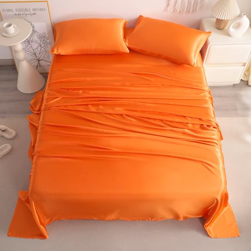 NTBAY Silk Satin Full Sheet Set, 4-Piece Luxury and Soft Bedding Set Cooling Silky Sheets for Hair and Skin, Includes 2 Pillowcases, 1 Flat Sheet, 1 Fitted Sheet with Deep Pocket, Orange NTBAY