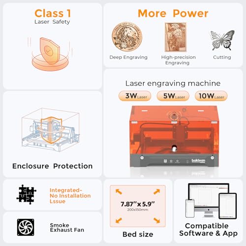Laser Engraving Machine 10W 10000mW L2 Pre-Assembled Desktop Laser Engraver Cutter ±0.01mm High-Precision Wireless APP Supported for DIY Metal Wood Acrylic Leather Glass Fiber(Class 1) (10w Enclosure) baklean