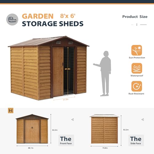 HAPPATIO 8x6' Outdoor Storage Shed, Wood Grain Galvanized Metal Shed with Double Sliding Doors, Foundation, Tool Storage Sheds for Garden, Patio, Backyard - WoodArtSupply