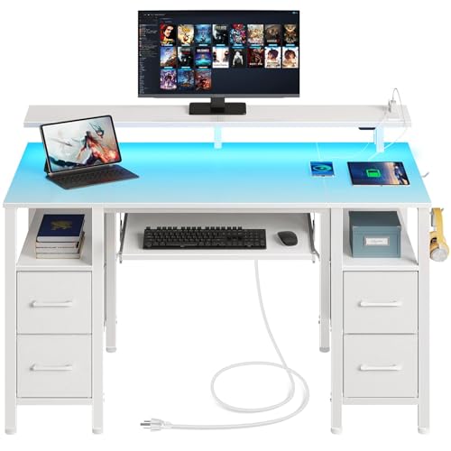 Seventable White Computer Desk with Drawers, Gaming Desk with Keyboard Tray, Office Desk with LED Lights & Power Outlets, 47 inch Writing Desk with Monitor Stand for Small Space Seventable