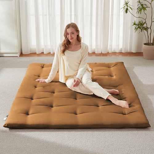 Mollydot Japanese Floor Futon Mattress Queen Size 60"x 80", Foldable Bed Mattress, Portable Tatami Mat Sleeping Pad, Folding Futon Cushion, Roll Up Floor Lounger for Guest Room Dormitory (Brown) Mollydot