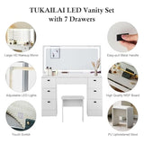TUKAILAi 46" Vanity Desk with Large HD Mirror, LED Lights & Power Outlet, Touch Control 3 Color Lighting Modes Adjustable, Modern Hollywood Makeup Vanity Set with 7 Drawers & PU Cushioned Stool TUKAILAi
