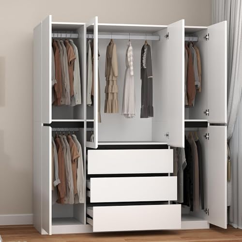Wakefit 6 Door Armoire Wardrobe Closet with Large 3 Drawers & 2 Mirror, Wooden Bedroom Armoires with Shelves and Hanging Rod, Freestanding Wardrobe Cabinet for Bedroom, Guest Room (White) Wakefit