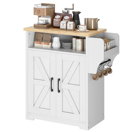 YATINEY Coffee Bar Cabinet, Kitchen Island with Storage, Farmhouse Sideboard Buffet Cabinet with Dual-Purpose Floating Shelf and Hooks, for Kitchen Living Room, White and Natural KF22WN YATINEY