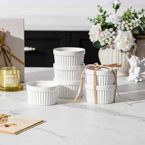 MALACASA Ramekins 6 oz Oven Safe, Porcelain Creme Brulee Ramekins Pudding Custard Cups Small Ceramic Souffle Dishes Ramakan Ramiken Ramicans Baking Bowls Set of 6, White, Series RAMEKIN-DISH MALACASA