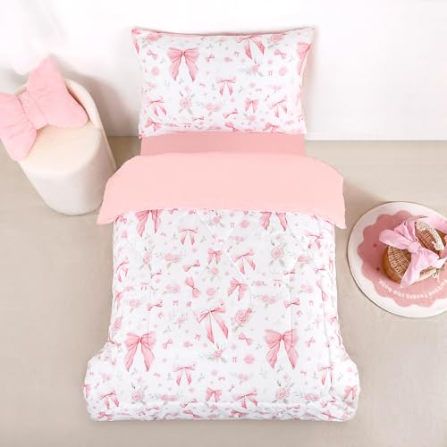 Jundetye Toddler Bedding Set for Girls 4 Pieces Pink Rose, Soft Breathable Toddler Comforter Set, Bow Flower Print, Includes Reversible Comforter, Fitted Sheet and Flat Sheet, Pillowcase Jundetye
