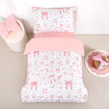 Jundetye Toddler Bedding Set for Girls 4 Pieces Pink Rose, Soft Breathable Toddler Comforter Set, Bow Flower Print, Includes Reversible Comforter, Fitted Sheet and Flat Sheet, Pillowcase Jundetye