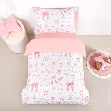 Jundetye Toddler Bedding Set for Girls 4 Pieces Pink Rose, Soft Breathable Toddler Comforter Set, Bow Flower Print, Includes Reversible Comforter, Fitted Sheet and Flat Sheet, Pillowcase Jundetye