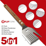 FlipFork Boss - 5 in 1 Grill Spatula with Knife, Fork, Bottle Opener and Turner BBQ Tools. All in One Grill Accessories Set for Outdoor Grills. 18 inch Grilling Accessories BBQ Set FLIPFORK