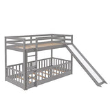 Bellemave Twin Over Twin Floor Bunk Bed with Slide and Ladder, Low Bunk Bed for Kids, Girls, Boys, Removable Fence, Gray Bellemave