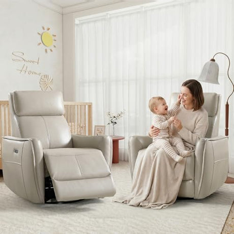 HAOMARKETS Electric Swivel Rocker Recliner Chair, Power Faux Leather Glider Rocking Recliners for Adults,360° Swivel Nursery Reclining Sofa with USB Charging Port, Beige HAOMARKETS