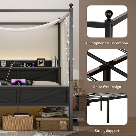 Tsovihe Queen Size Canopy Bed Frame with Barn Door Storage Headboard, Metal Slats Support LED Light & Charging Station/No Box Spring Needed/Easy Assembly/Curtain Not Included/Black Tsovihe