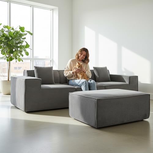 Container Furniture Direct Rowan Convertible Corduroy Sectional Couch with Ottoman & Pillows, Modular L Shaped Sleeper Sofa, Boneless Cloud Couch for Living Room Furniture, Dark Grey Container Furniture Direct