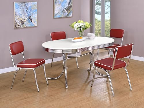 Coaster Home Furnishings Retro 1950s Soda Fountain Diner 5-Piece Dining Room Set Oval Table White Laminate Top Red Faux Leather Upholstered Dining Side Chairs Sturdy Steel Chrome Base 2065-S5R Coaster Fine Furniture