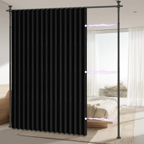 AJAZZ Room Divider Curtain (Black, W100 x L84 in, 1 Panel)+ Tension Curtain Rod No Drilling (H) 43-120×(W) 35-100 in, for Privacy/Soundproof Curtains, Heavy Duty Wall Separator AJAZZ