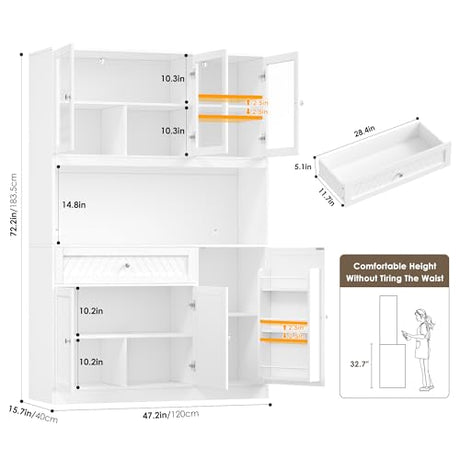 BOTLOG 72” Tall Kitchen Pantry Storage Cabinet, Modern White Kitchen Hutch with Large Storage Drawer, Countertop, Adjustable Shelves, Food Pantry Cabinets for Dining Room, Living Room BOTLOG