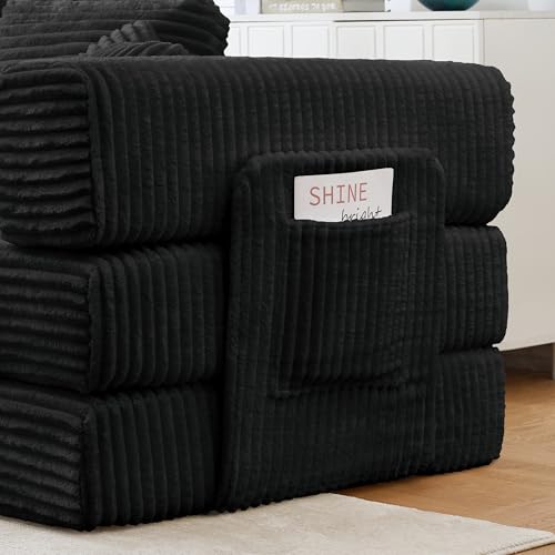 79.5" Folding Convertible Sofa Bed with Side Storage Pockets, 4-in-1 Corduroy Boneless Couch, No Assembly Loveseat Sleeper, Floor Sofa Daybed Futon Couch for Living Room Bedroom Lounge, Black Upgraded Asucoora
