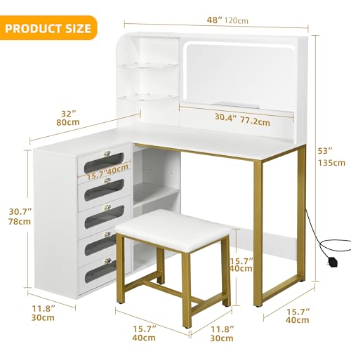YITAHOME Vanity Desk Set- L Makeup Vanity with Mirror and Lights 3 Lighting Modes, 48" Large Makeup Table with 5 Tempered Glass Drawers with Open Storage Shelves Vanity Table, White YITAHOME