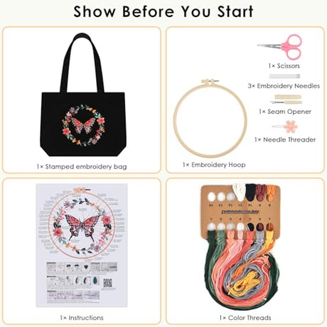 ERKOON Embroidery Canvas Tote Bag for Beginners, Floral Arts Crafts Cross Stitch Kits for Adults Including Stamped Embroidery Bag with Hoops, Needle, Instruction and Color Threads (Butterfly) ERKOON