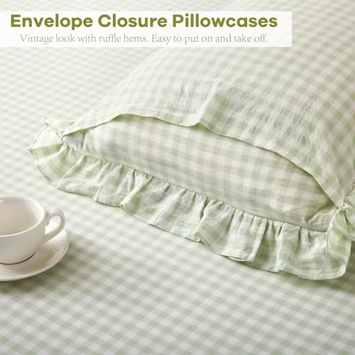 K MASANIJI Pile Green White Plaid Ruffle Gingham Sheets Full Size 4-Piece Set, 300TC 100% Yarn Dyed Cotton Sheets 18 in Deep Pocket Kids Preppy Decorative Bedding (Pile Green/White Plaid, Full) K MASANIJI