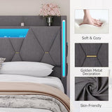 Dnxao Floating Bed Frame Queen with Hidden Storage Headboard, Heavy Duty Metal Platform with Dual Zone LED Lights & Charging Station, Noise Free No Box Spring Needed, Gray Linen Upholstered Dnxao
