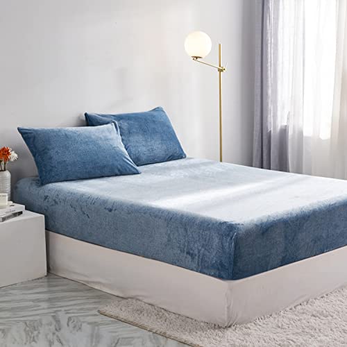 YASMENG Extra Soft Blue Velvet Plush Fitted Sheet Twin Size with 16” Deep Pocket, Warm Luxury Single Fitted Sheet Only for Fall Winter Spring, Fuzzy Flannel Fleece Mattress Protector Cover YASMENG