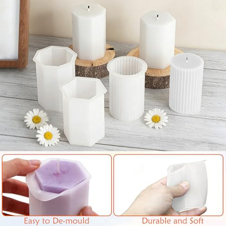 8PCS Reusable Silicone Candle Molds Set - Cylinder/Hexagon/Octagonal/Heart/Flower/Square Shapes for DIY Candle Making, Soap, Resin Crafts, Easy Release Candle Making Kit (8, Cylinder & Hexagon) QCCTPUU