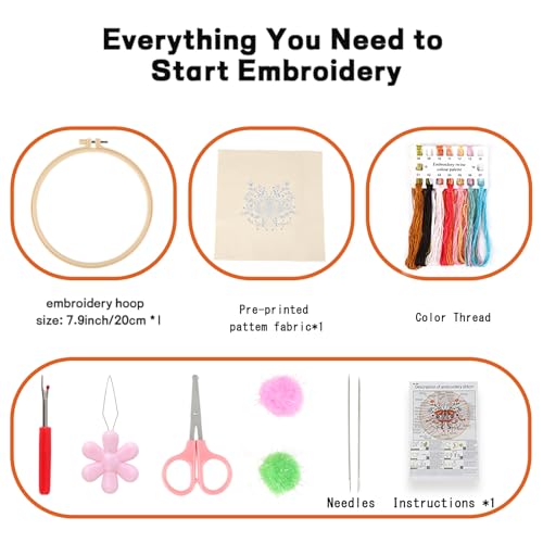 JOINRUN Embroidery Starter Kit for Beginners Adults: DIY Butterfly Cross Stitch Kit for Craft Lover Learn Hand Stitch, Includes Stamped Pattern,Hoop, Easy to Follow Instruction and Video