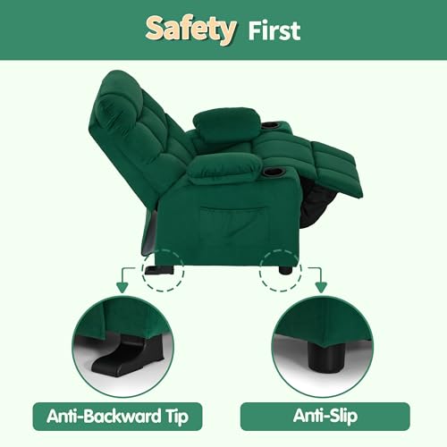 MCombo Big Kids Recliner for Ages 3+, Child Reclining Chair, Toddlers Recliner Sofa with Cup Holders (Velvet, Green)