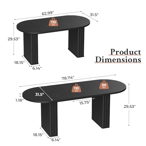 Zevemomo 62.99"-78.74" Oval Expandable Dining Table, Extendable Dining Room Table for 4-8 People with Wooden Strip Base, Modern Kitchen Table with Slide Metal Track, for Family Living Room-Black Zevemomo