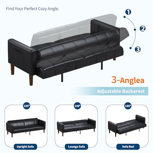 GarveeHome Futon Sofa Bed, 75-Inch Modern Faux Leather Convertible Couch, Mid-Century Loveseat for Small Space, Living Room, Bedroom, Black GarveeHome
