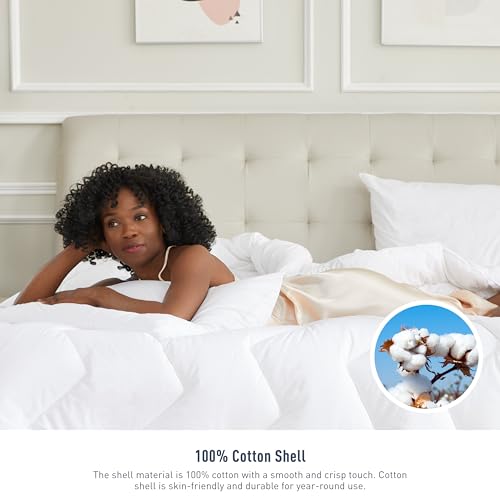 HOMTEC Duvet Insert Cotton Comforter Queen Size White Down Alternative Duvet Insert 100% Cotton Shell Quilted Fluffy Comforter Lightweight All Season 4 Corner Tabs Durable Breathable Noiseless HOMTEC
