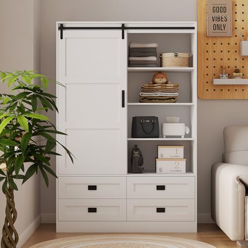 EMKK Tall Armoire Wardrobe Closet Clothing Cabinet with Hanging Rod Barn Door Drawers Open Shelves for Bedroom Freestanding Ar moires Storage OrganizerCabinet, 70.86" H, White