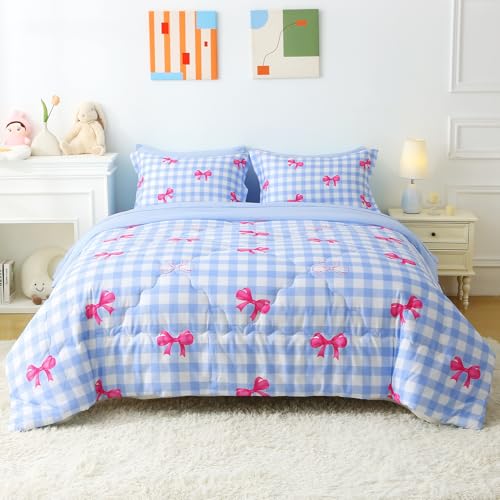 Wajade Bow Comforter Set 7 Piece Blue White Plaid Comforter Sets for Girls Kids Twin Size Checkered Bedding Set with Sheet and 2 Pillowcases 2 Pillow Shams Cute Girls Bed in a Bag as Birthday Choice Wajade