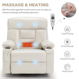Comermax Rocking Recliner with Heat and Massage, Wide Seat Heated Massaging Reclining Chair for Home Theater, Faux Leather Manual Swivel Rocker Recliner Chair with Cup Holder for Adult, Beige