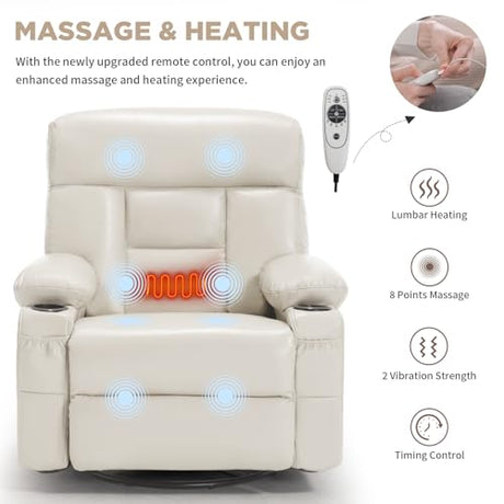 Comermax Rocking Recliner with Heat and Massage, Wide Seat Heated Massaging Reclining Chair for Home Theater, Faux Leather Manual Swivel Rocker Recliner Chair with Cup Holder for Adult, Beige Comermax