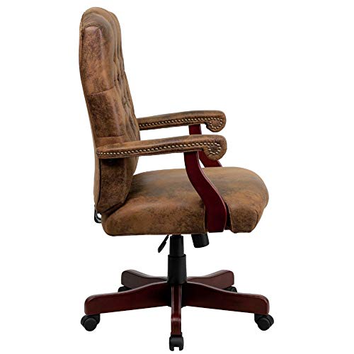 Flash Furniture Derrick Traditional Microfiber Tufted Swivel Office Chair with Wood Base, Ergonomic Farmhouse High-Back Desk Chair, Bomber Brown - WoodArtSupply