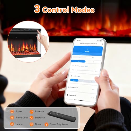 3 Sided Electric Fireplace, 50" Smart WiFi Fire Place Mount/Built-in, 12 Realistic Flame Colors, 5 Color Brightness, 1500W with Timer Remote Control, Log, Crystals JINJUNYE