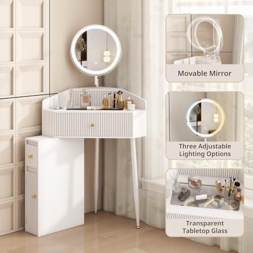 ARTETHYS Corner Vanity Desk with Retractable and Rotating Mirror and Lights Small Modern White Makeup Vanity Set with Glass Top for Women Compact Girls Dressing Table with Drawer for Small Space ARTETHYS