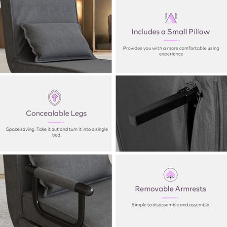 TYBOATLE Sleep Chair Bed, Comfy Convertible Sleeper Chairs for Adults, 5 in 1 Folding Sofa Bed with Adjustable Backrest & Side Pockets & Pillow, Cozy Small Couch for Small Spaces, Office (Dark Grey) TYBOATLE