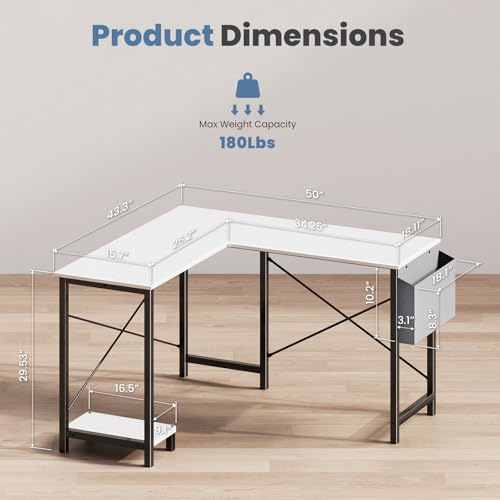 DUMOS L Shaped Desk Computer Gaming Corner Table 50 Inch Home Office Writing Student Work PC Workstation with Side Storage Bag CPU Stand for Bedroom Small Spaces DUMOS