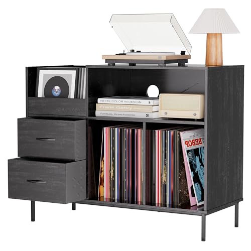 HarmoFurn Record Player Stand with Flip-Top, Wood Vinyl Storage Cabinet with 2-Outlet Power Strip, Drawers & Dustproof Cubbies, Media Console, Black, 35.4x15x27.6 Inches HarmoFurn