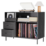 HarmoFurn Record Player Stand with Flip-Top, Wood Vinyl Storage Cabinet with 2-Outlet Power Strip, Drawers & Dustproof Cubbies, Media Console, Black, 35.4x15x27.6 Inches HarmoFurn