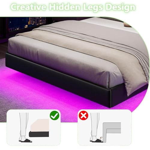 IMMERSTABLE Floating Bed Frame Queen, Queen Upholstered Bed Frame with Headboard, RGB LED Ligths, Solid Wood Slats Support, No Box Spring Needed, Noise-Free, Easy Assembly, Black IMMERSTABLE