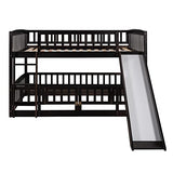 Merax Full Over Full Bunk Bed with Slide, Low Bunk Bed with Fence and Ladder, Solid Pine Wood Structure forBedroom, Espresso Merax