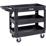VEVOR Utility Service Cart, 3 Shelf 550LBS Heavy Duty Plastic Rolling Utility Cart with 360° Swivel Wheels (2 with Brakes), Medium Lipped Shelf, VEVOR