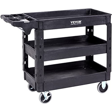 VEVOR Utility Service Cart, 3 Shelf 550LBS Heavy Duty Plastic Rolling Utility Cart with 360° Swivel Wheels (2 with Brakes), Medium Lipped Shelf, VEVOR